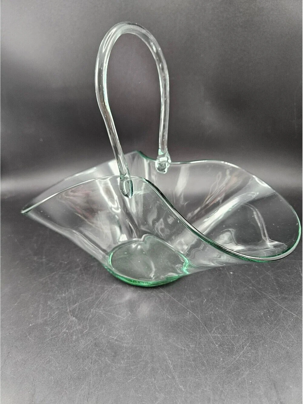 Mid-Century Modern Handblown Recycled Green Art Glass Basket